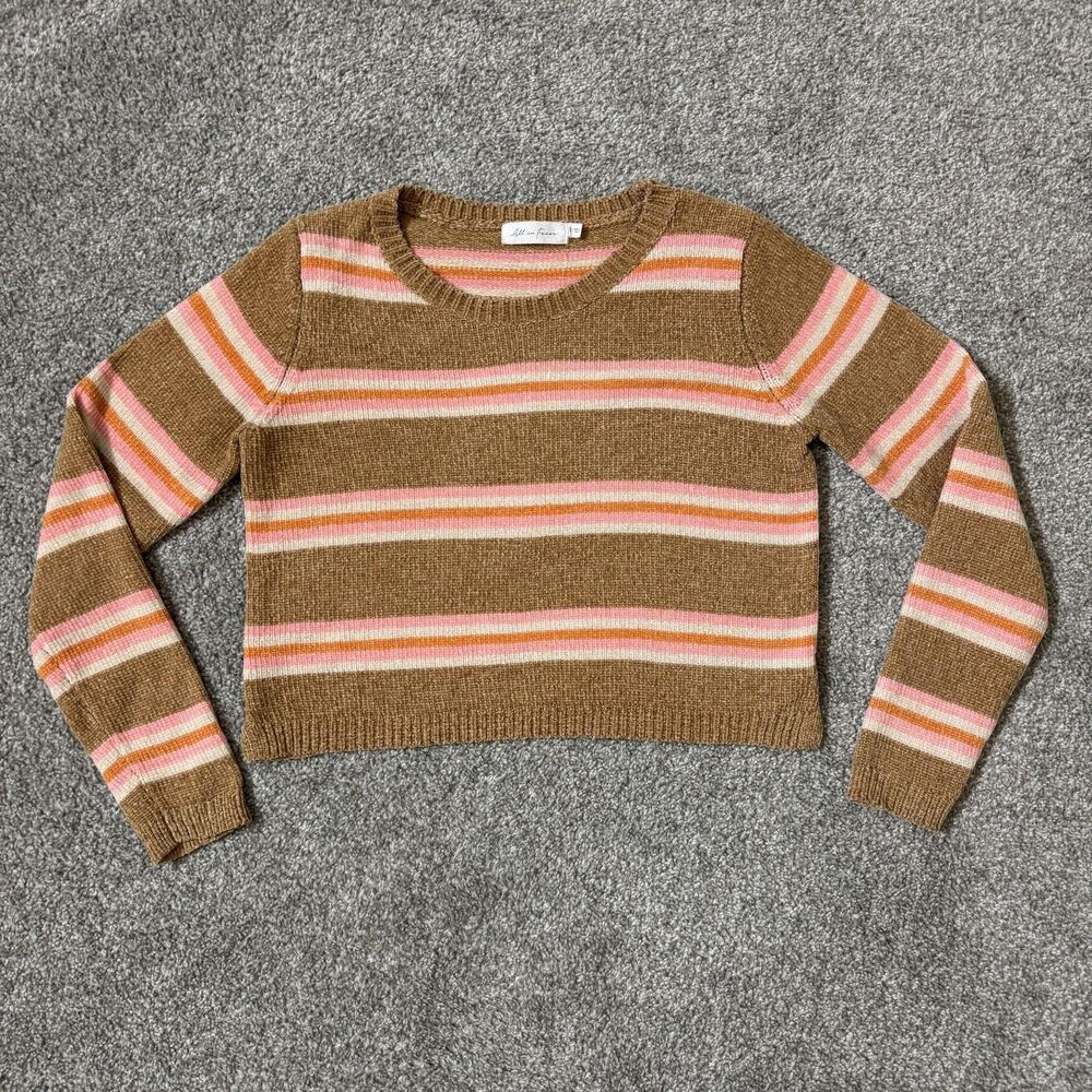 All in Favor Sweater Womens Small Taupe Pink Striped Cropped Crewneck Pullover